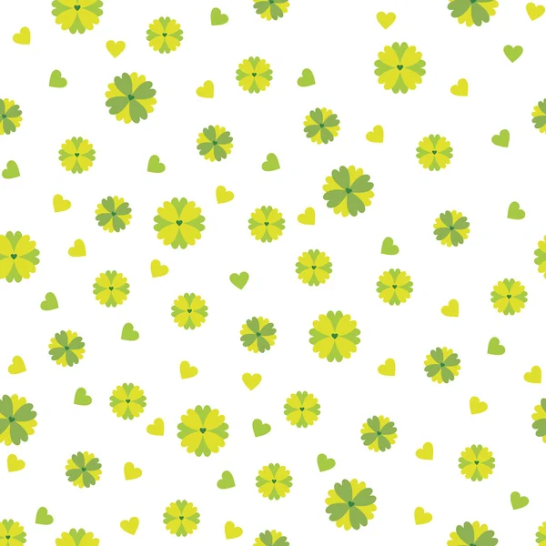 Бесшовный рисунок маленьких зеленых и желтых цветов и сердец на — стоковый вектор