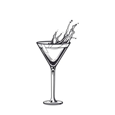Kokteyl içeceği, cam el, kabartma vektör çizimi. Alkolik, izole edilmiş siyah beyaz şarap..