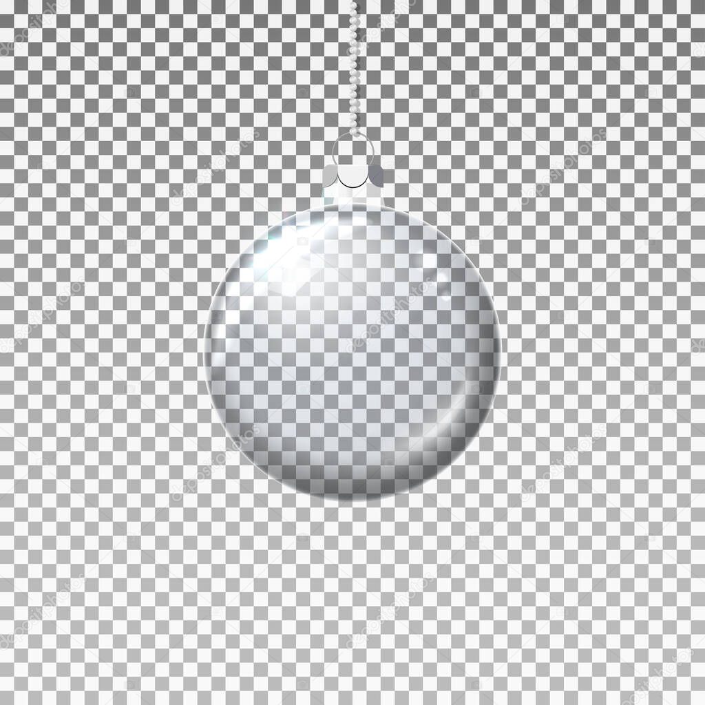 Vector realistic transparent Christmas ball on isolated background. Template of glass transparent Christmas ball. Vector object for design, mock-up. Shiny toy with silver glow.