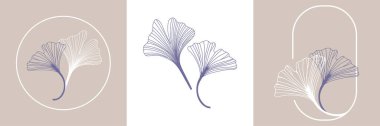 Ginkgo biloba yaprakları. Logo düğün kartları, kozmetik, dövme, kaplıca, mücevher, yoga tasarımı için el çizimi öğeleri. Asgari doğrusal biçimde vektör illüstrasyonu.