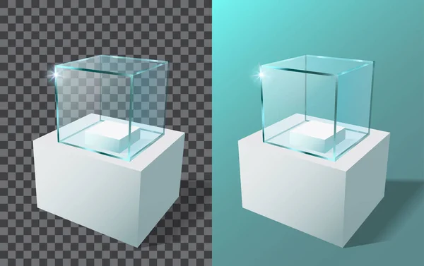 Vitrina Vidrio Vacía Forma Cubo Vector Realista Escaparate Cuadrado Vidrio — Vector de stock