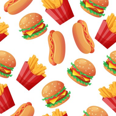 Fast food kusursuz desen. Çizgi film düz vektör çizimi beyaz arkaplanda izole edildi.