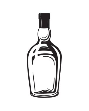 Alkol şişeleri oyma vektör seti. Votka, viski ve konyak. İzole edilmiş siyah-beyaz vintage biçimi .