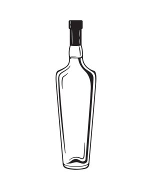 Alkol şişeleri oyma vektör seti. Votka, viski ve konyak. İzole edilmiş siyah-beyaz vintage biçimi .