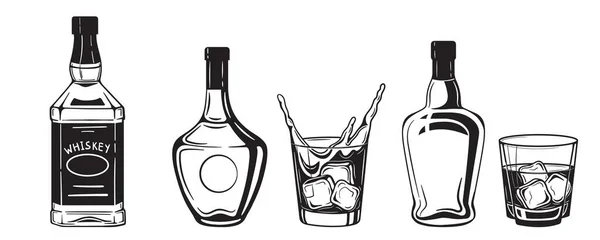 Alcohol Bebidas Botellas Grabado Vector Conjunto Vodka Whisky Coñac Estilo — Archivo Imágenes Vectoriales