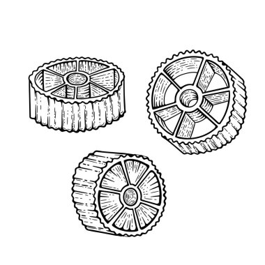 Fiori makarna skeci. Karalama ana hatları siyah-beyaz klasik makarna çizimi. Beyaz arkaplanda el çizimi.