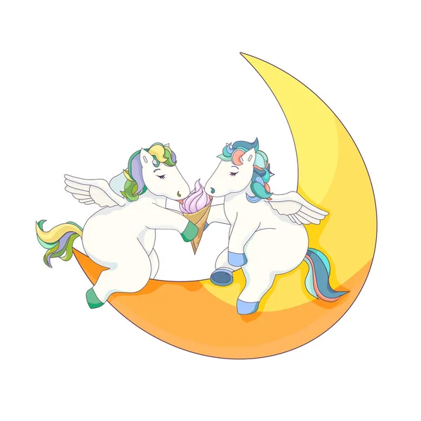 Cartoon Pegasus Sono Innamorati Seduti Sulla Luna Mezzaluna Con Gelato — Vettoriale Stock