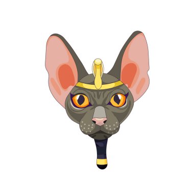 Antik Mısır 'da Sphynx kedisinin izole edilmiş başı. Karikatür tarzında başörtüsü tacı. İzole edilmiş beyaz arka planda sakallı kürk kedisi yok..