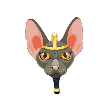 Isolated head of Sphynx cat in Ancient Egypt headcloth tiara in Cartoon style, vector no fur cat with beard and diadem on white isolated background for prints, stickers, icons for social networks. clipart