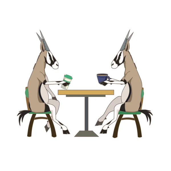 Amor Entre Antelopes Beber Café Estilo Dos Desenhos Animados Vetor — Vetor de Stock