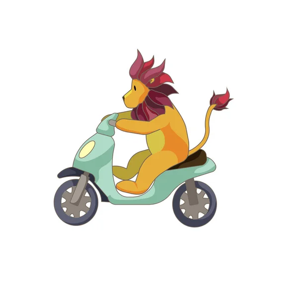 Cartoon Lion Blue Scooter White Isolated Background Lion Driving Motorbike — Stock vektor