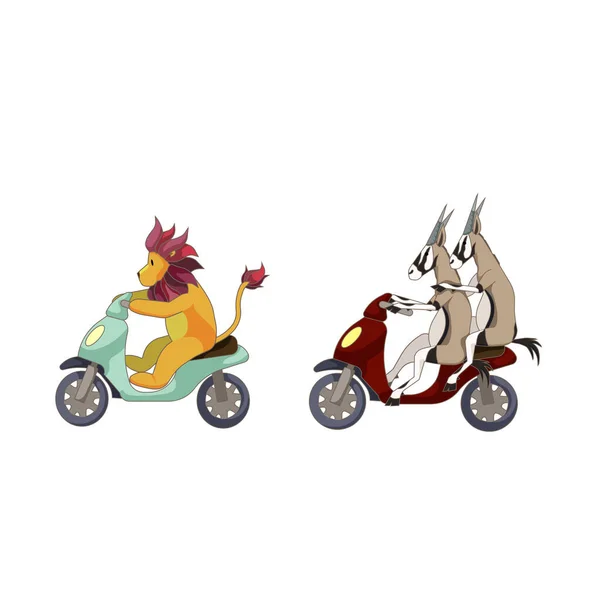 Lion Esquissé Gazelles Africaines Sur Les Motos Également Nommés Scooters — Image vectorielle