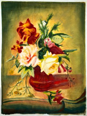 Fransız çeliğinde vazoda bir buket bahçe çiçeği. Akademik resim. Gouache resmi. Suluboya resim. Eski bir resim..