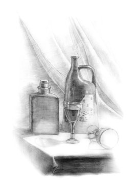 Şişelerle, bardaklarla, kumaşlarla dolu bir hayat. Isometry. Akademik çizim. Eski bir çizim..