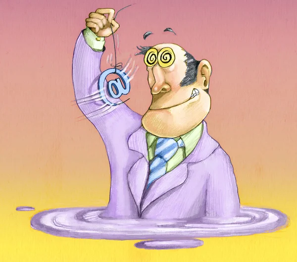 Hombre Hipnotiza Mismo Balanceando Símbolo Web Lápiz Humorístico Dibujo Concepto — Foto de Stock