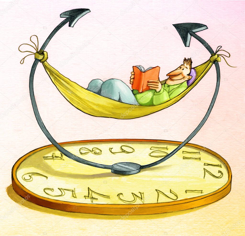 man reading lying in a hammock hanging on the folder hands of a clock 
