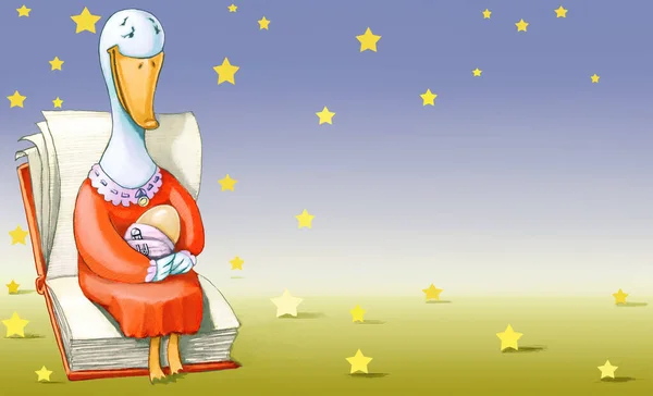 Mother Goose Sitting Book Holding Her Beloved Egg Background Stars — Stock Photo, Image