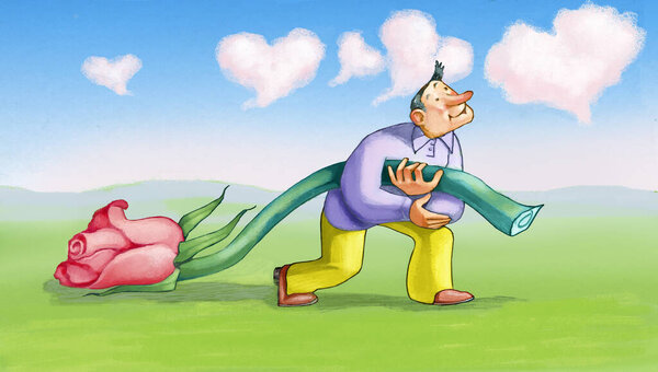 Man Carries Huge Rose See Heart Shaped Clouds Metaphor Man Stock Photo