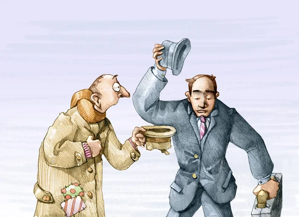 Ein Mann kreuzt einen Bettler, der seinen Hut hinhält, ihn für einen Gruß hält und seinen Hut hebt — Stockbild Leichtsinniges Betteln — Stockfoto