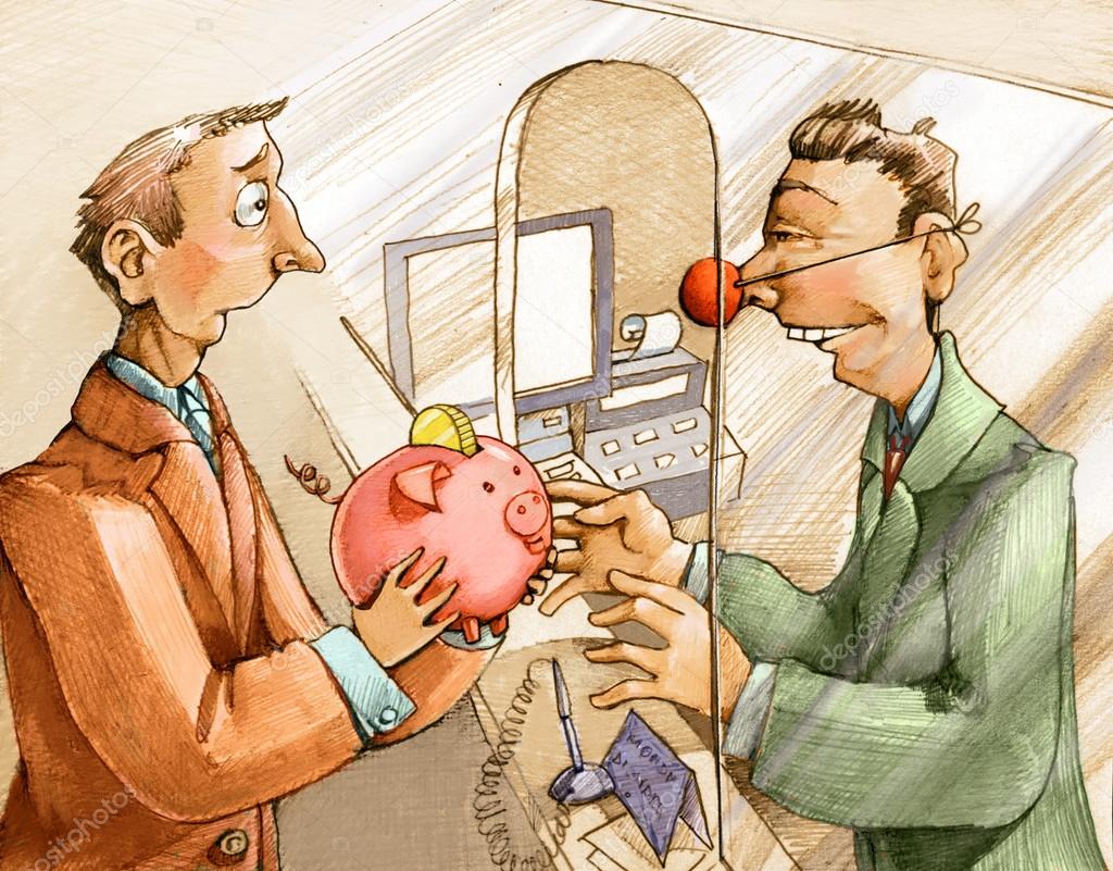 a man entrusts his savings to a financial advisor with clown nose