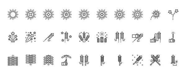 Juego Simple Fuegos Artificiales Iconos Línea Vector Ilustración Celebración Día — Archivo Imágenes Vectoriales