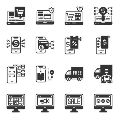Çevrimiçi Alışveriş Simgeleri Vektör İllüstrasyonu, Satış, İş, Ödeme, Teslimat, Çevrimiçi Dükkan