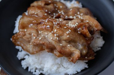 Japon teriyaki sosunda kızartılmış domuz eti. Yaklaş.