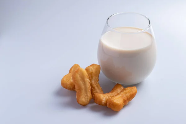 Lait Frais Dans Verre Clair Avec Patongo Thailand Street Food — Photo