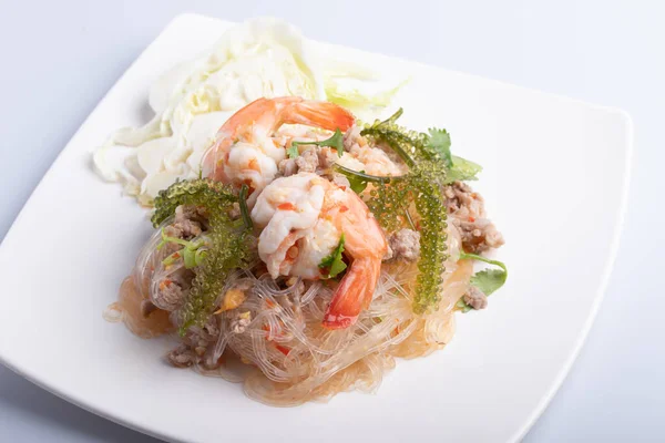Yum Wan Noodles Pork Shrimp White Plate Full Focus Top — Stock Photo, Image