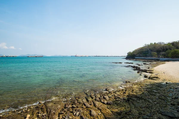Bulutsuz gökyüzü deniz kayalık kıyıda