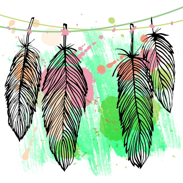 Colorful watercolor feather set — Stock Vector
