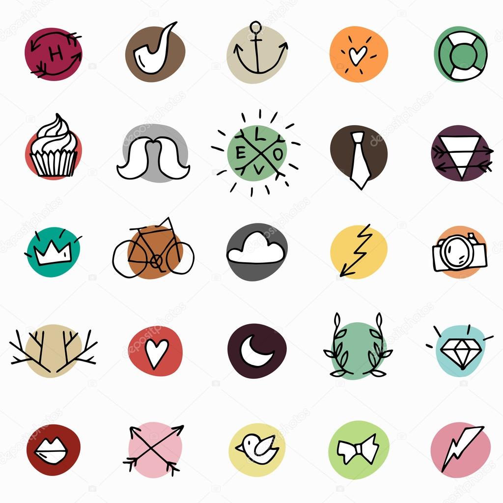 Hipster icon set on bright colorful circles, different hand drawn elements, vector doodles