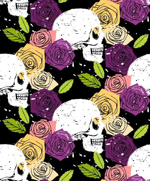 Skull floral seamless background — Stock Vector