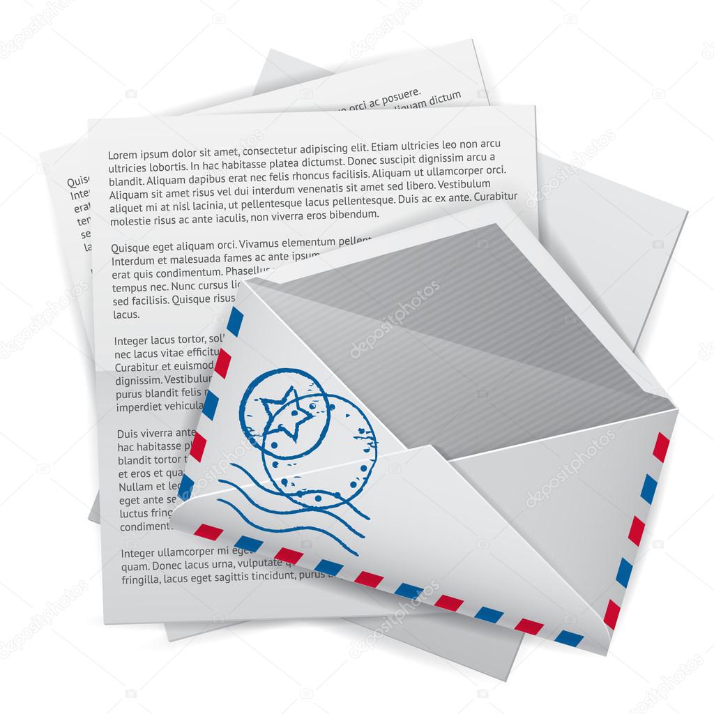 Business mail icon, open isolated envelope with documents, vector realistic illustration