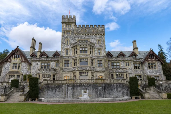 View of Hatley Castle against blue sky,  located in Vancouver Island, British Columbia, Canada