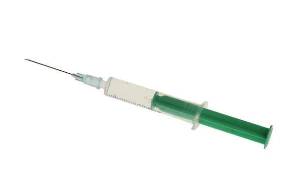 Temiz Beyaz Bir Arka Planda Enjeksiyonlu Plastik Şırınga Fotoğraflı Yakın — Stok fotoğraf