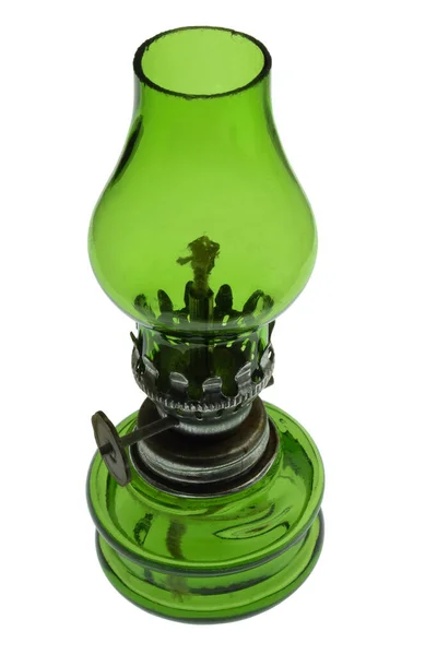 Небольшой Зеленый Стеклянный Керосин Чистом Белом Обрезном Фоне Крупный План — стоковое фото