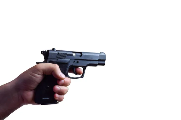 Man Hand Holding Horizontal Combat Black Pistol White Background Clipping — Stock Photo, Image