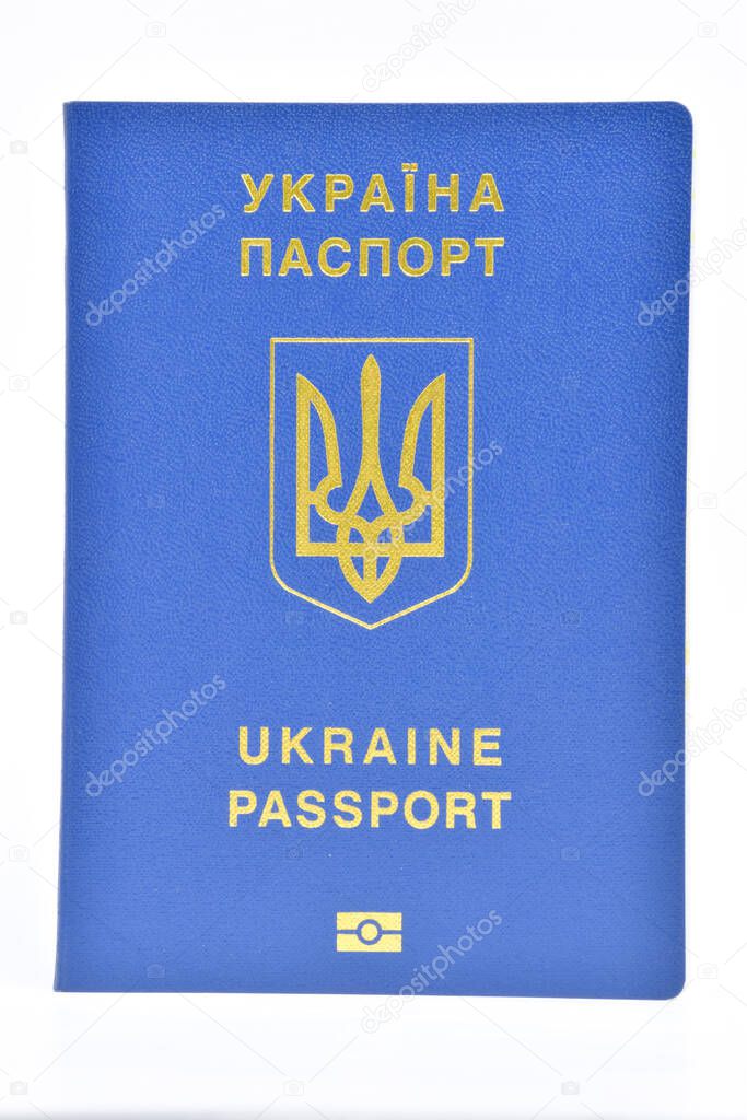 International passport of citizenship of Ukraine close up on a white background for the whole frame