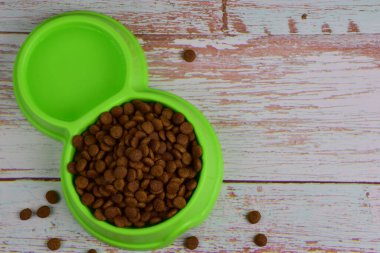 Gri ahşap tahtalardan oluşan arka planda, kedi ve köpekleri beslemek için kuru yiyeceklerle dolu yeşil bir plastik tabak yatıyor. Yazı için sağda bir yer var.