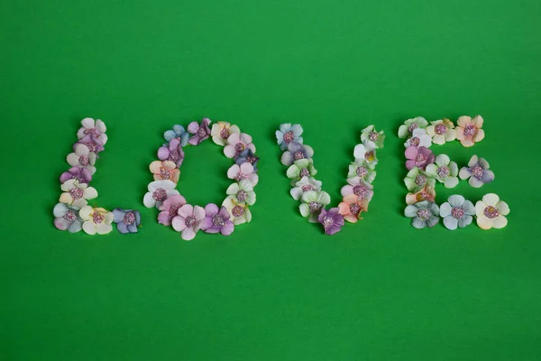 The word LOVE is lined with letters on a clean green background with multicolored flowers
