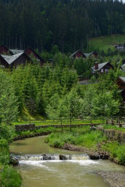 Ön planda, çamurlu su ve küçük bir şelale ile bir nehir akar. Arkasında ağaçların arkasındaki otel evlerini görebilirsin.