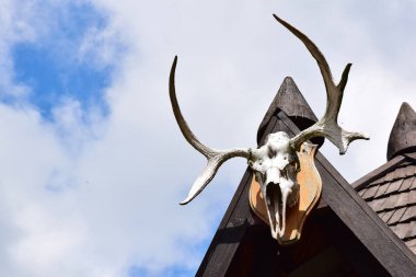 Sağda, evin ahşap çatısında büyük boynuzlu dekoratif bir geyik kafatası asılı. Solda, mavi gökyüzüne karşı, yazıyı yerleştirmek için boş bir alan var.