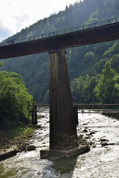 Turbulent Mountain River Pedestrian Bridge Railings Rises Long Concrete Columns — Stock Photo, Image