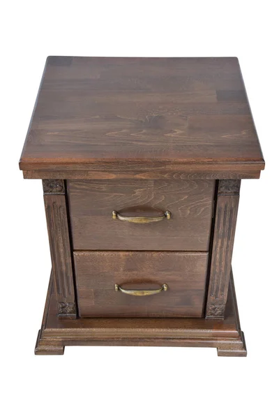 木制床头柜 供两个褐色抽屉用 带有装饰插头和把手 放在白色剪贴背景上 — 图库照片