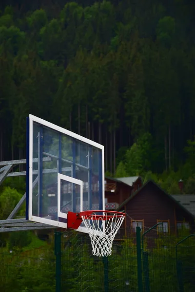 Basketbol tahtası ve ahşap evlerin ve yeşil ormanların bulanık arka planında ağ ile çember. — Stok fotoğraf