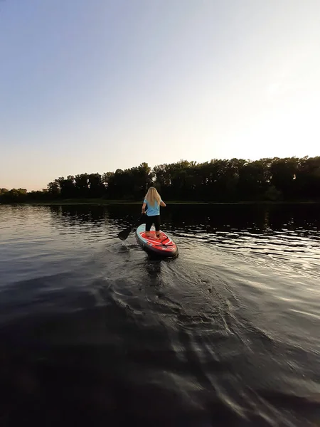 一个金发碧眼的女孩跪在苏打水冲浪板上 在晚湖或晚河的背景下帮助自己划桨 背景色 — 图库照片