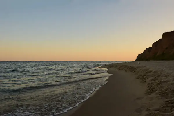 Mattina mare spiaggia di sabbia, con rocce e diversi gabbiani lontani — Foto Stock