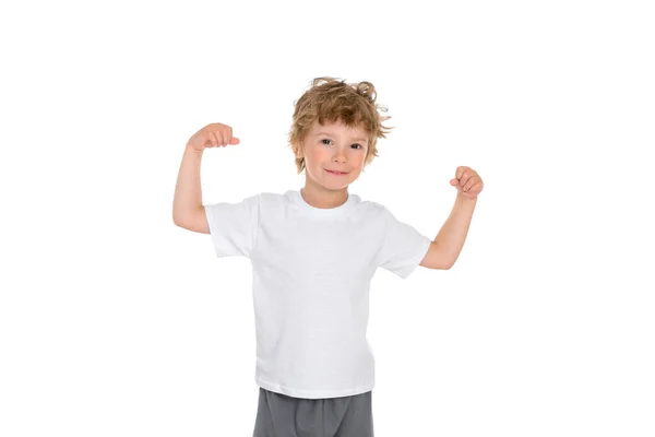 Boy Dressed White Shirt Stands Isolated White Background Shows How — Stock Photo, Image