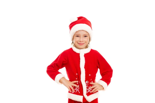 Маленький Брокер Червоному Костюмі Санта Клауса Руки Бедрах Білому Тлі — стокове фото